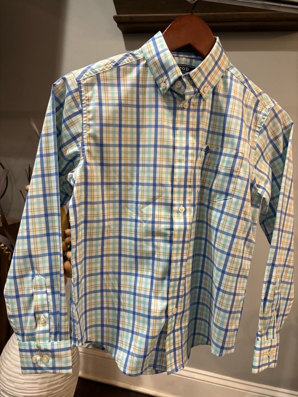 Izod Boys Light Blue, Yellow & White Plaid Button-Down Shirt spring size M 10/12